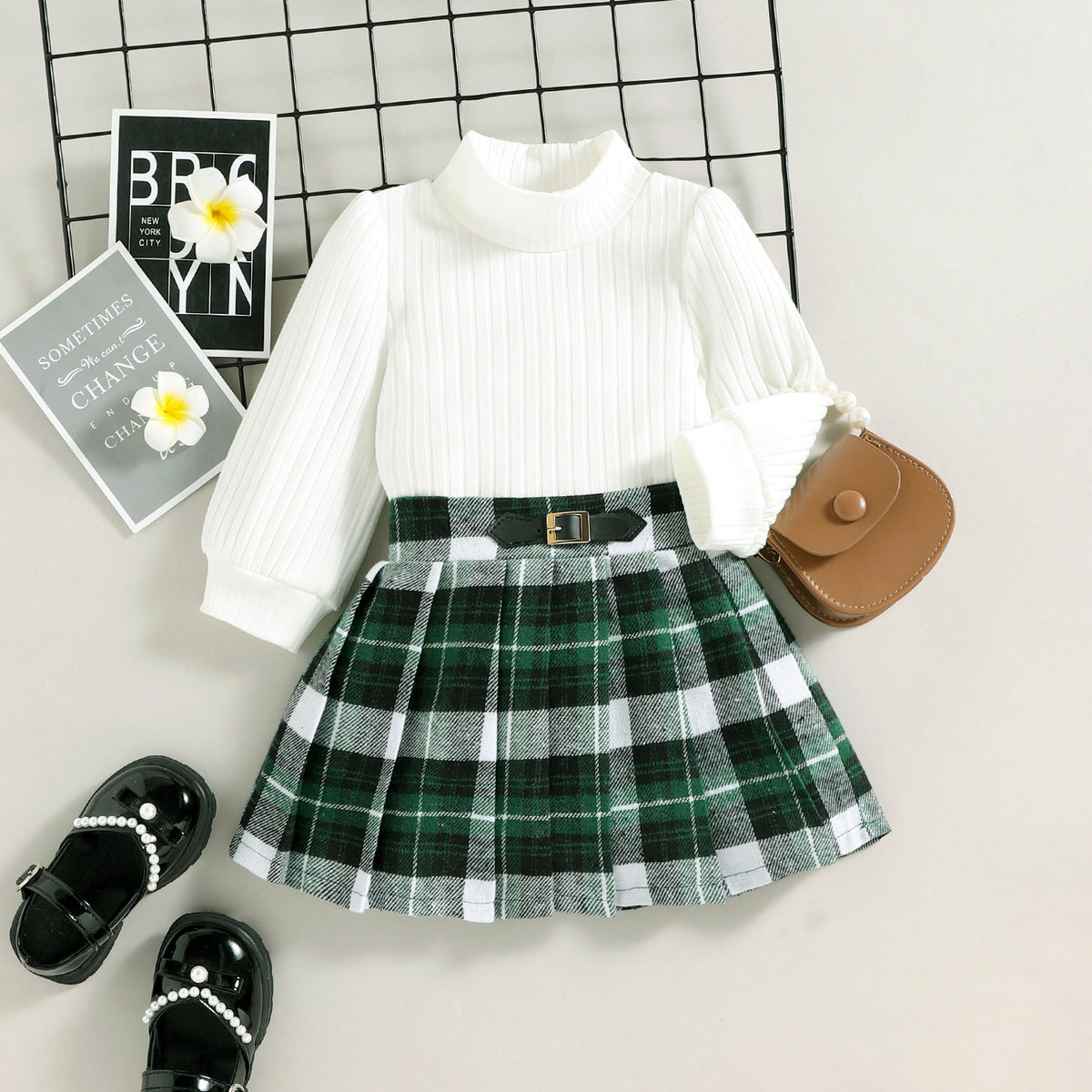 Alice - Girls Two Piece Set Ribbed Turtle Neck Top and Plaid Checked Skirt  in White / Green