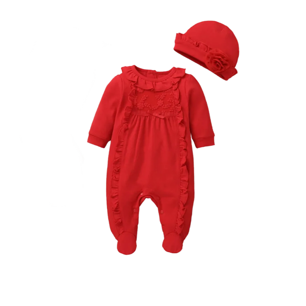Gabrielle Baby Girl Ruffle All in One Romper with Matching Hat