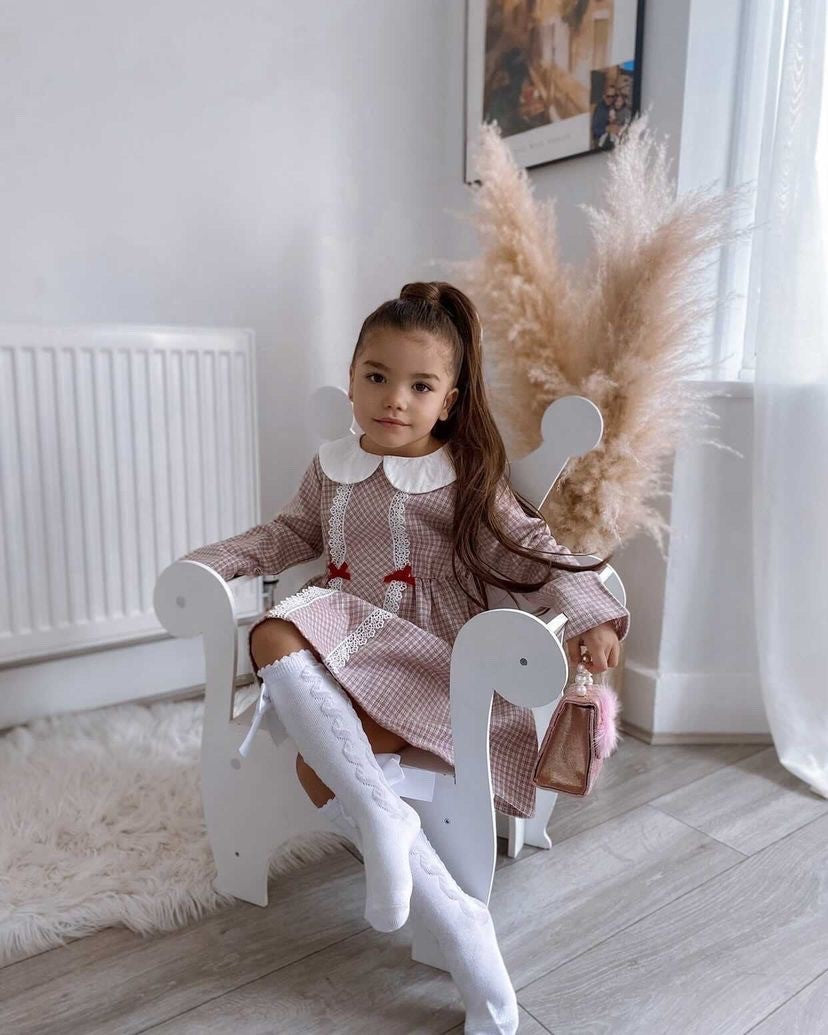 Eloise Checked Bow Spanish Style Dress in Burgundy/White – Kidz